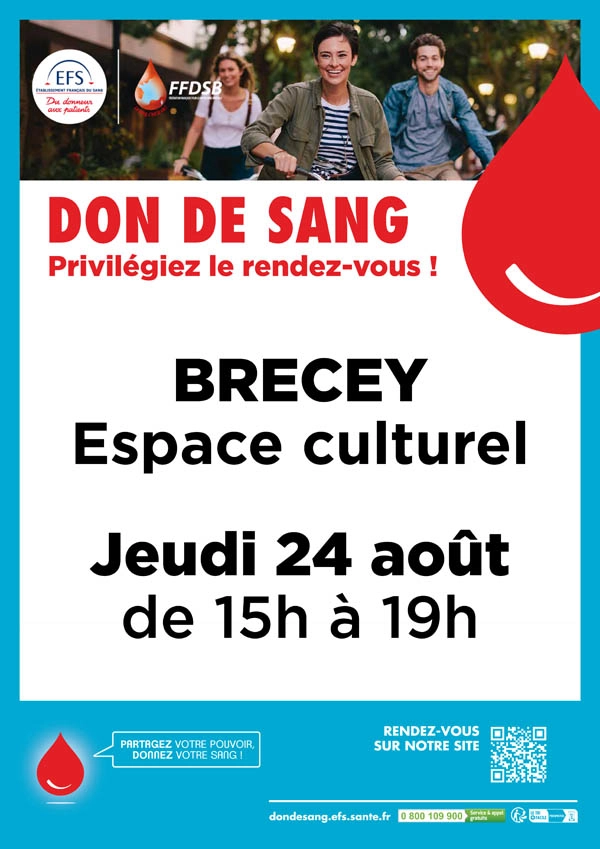 Don du sang le jeudi 24 août 2023 à l'espace culturel de Brécey - 15h à 19h