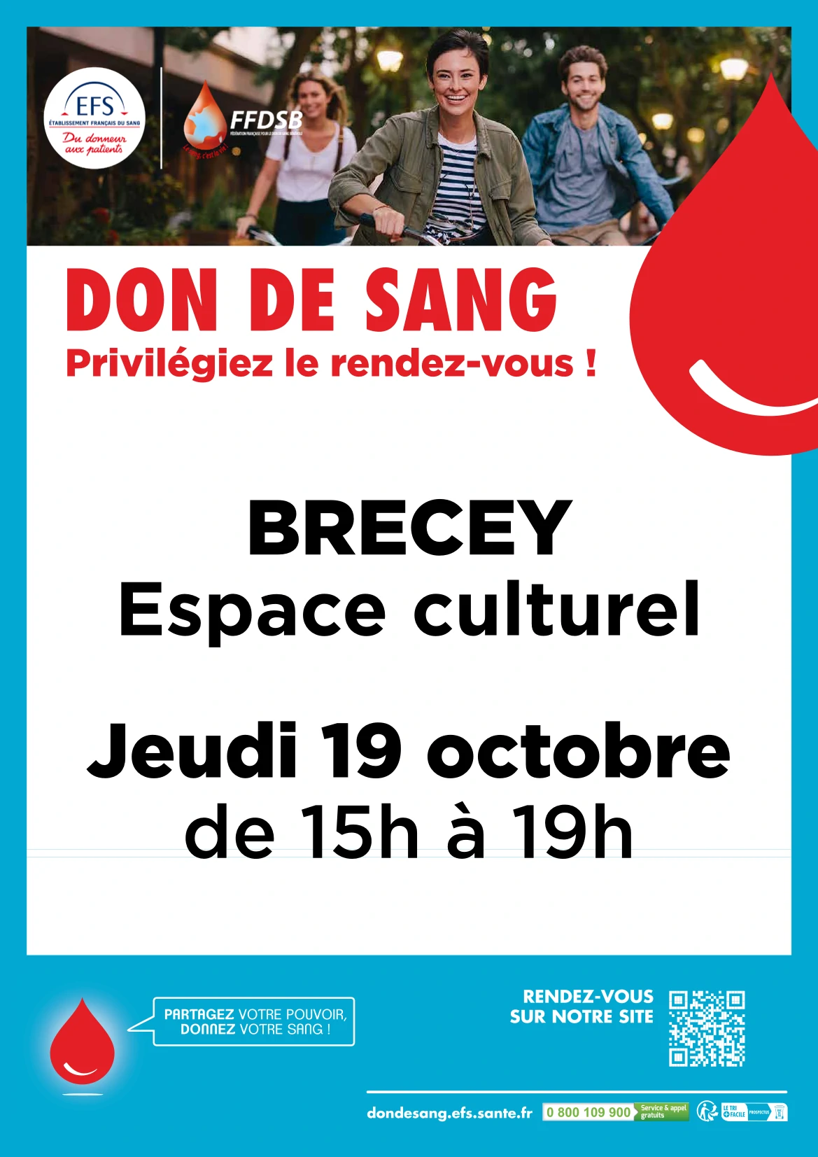 Don du sang le jeudi 19 octobre2023 à l'espace culturel de Brécey - 15h à 19h